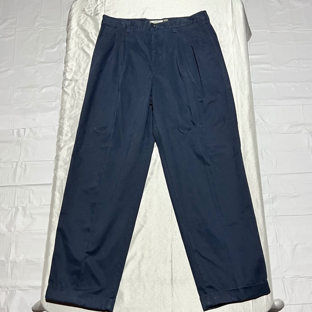 Authentic Laundered Khakis ALK Mens 34x30 Pleated Chinos Dark Navy Blue Cuffed